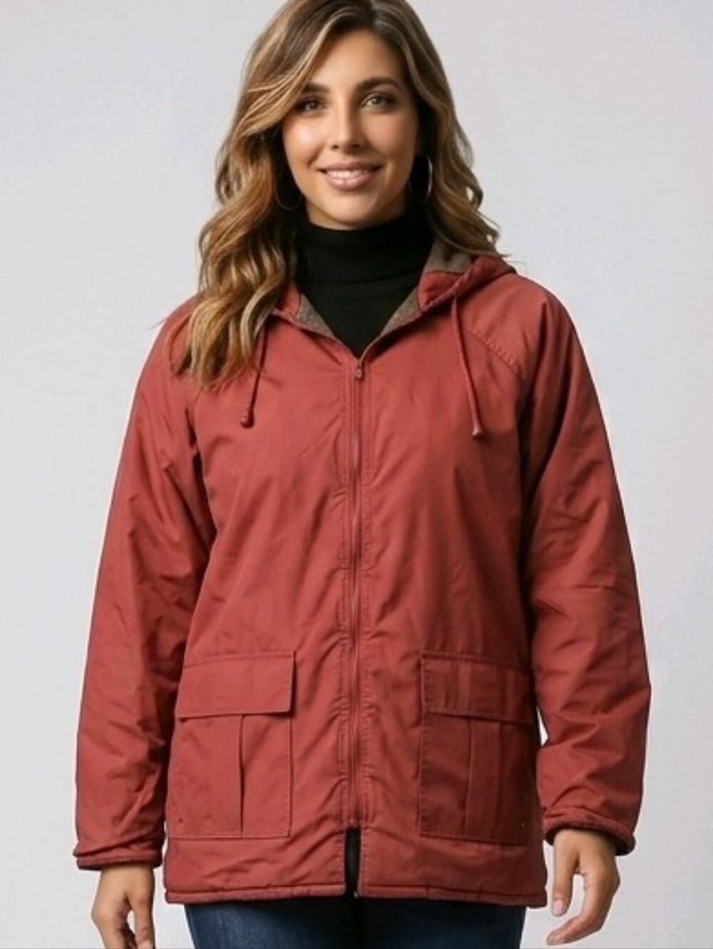 Misty Harbor Rain Jacket Womens Large Burgundy Cotton Lined Hoodied Full Zip